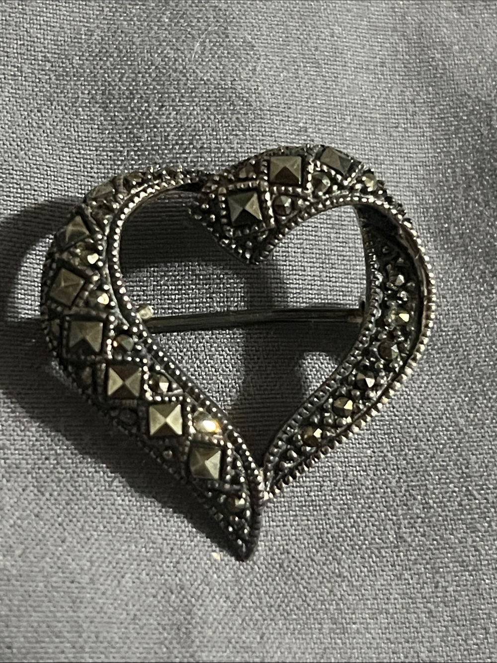 925 stamped Silver Heart Marcasite Brooch vintage